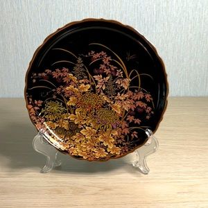 Shibata Japan Black & Gold Porcelain Plate With Dragonflies & Flowers